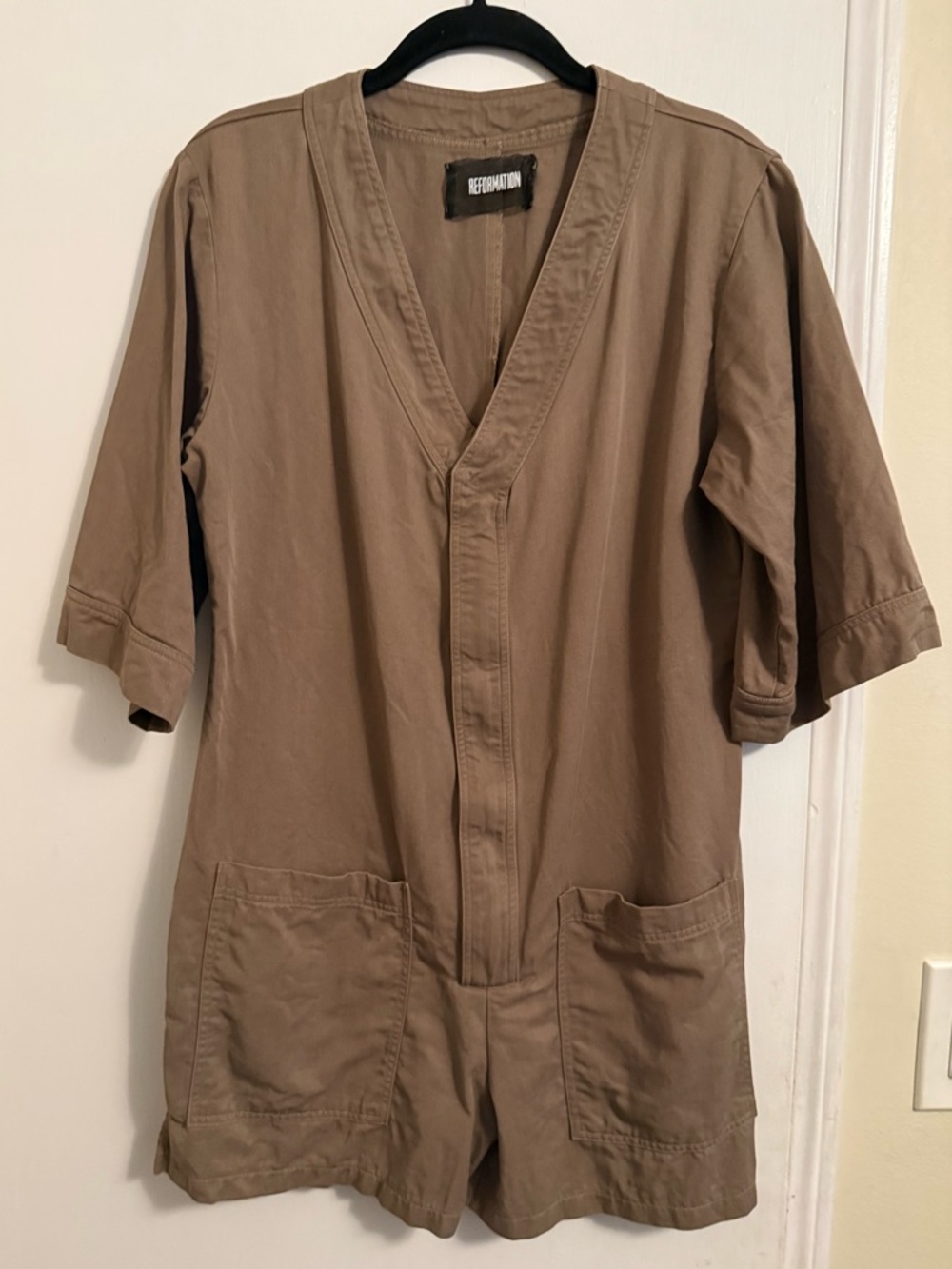 Reformation Khaki V-Neck romper